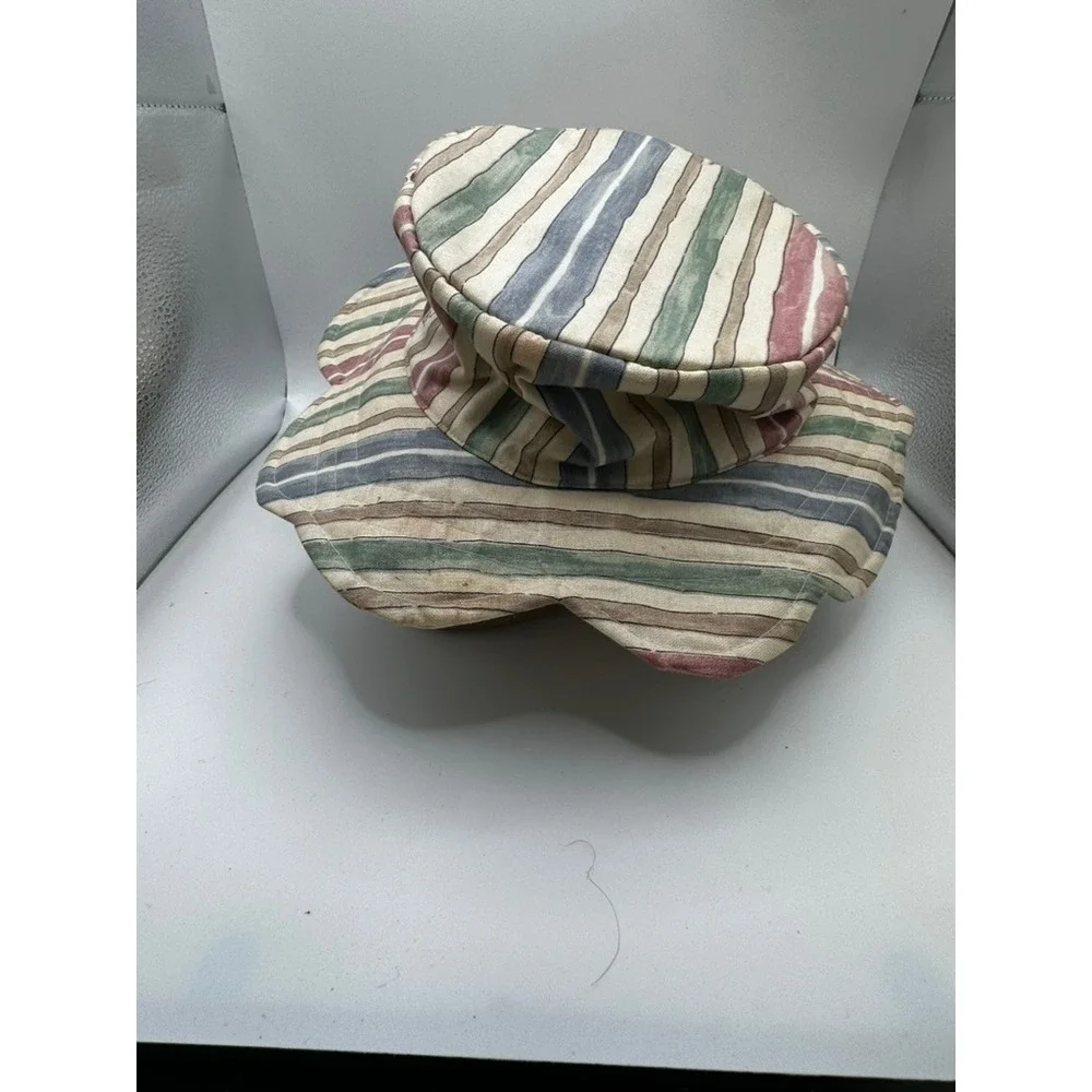 Vintage Scalloped Brim Bucket Hat Multi Color Striped Canvas Sun Hat Earth Tones